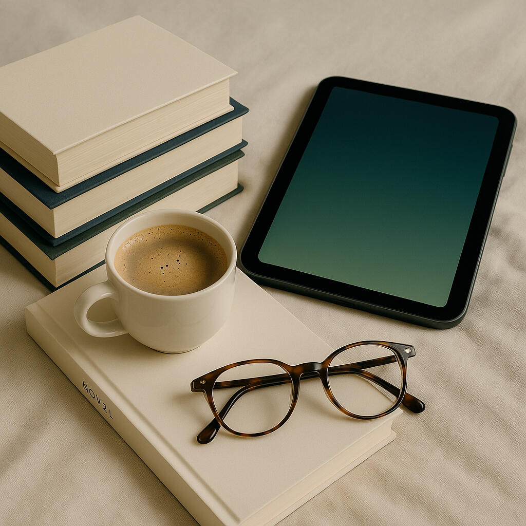 iPad mini, a stack of books, glasses and a cup of coffee on top of a book.